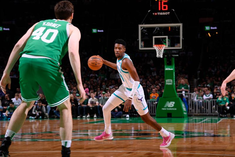 BOSTON, MA - APRIL 12: Brandon Miller #24 of the Charlotte Hornets handles the ball during the game against the Boston Celtics on April 12, 2024 at the TD Garden in Boston, Massachusetts. NOTE TO USER: User expressly acknowledges and agrees that, by downloading and or using this photograph, User is consenting to the terms and conditions of the Getty Images License Agreement. Mandatory Copyright Notice: Copyright 2024 NBAE  (Photo by Brian Babineau/NBAE via Getty Images)