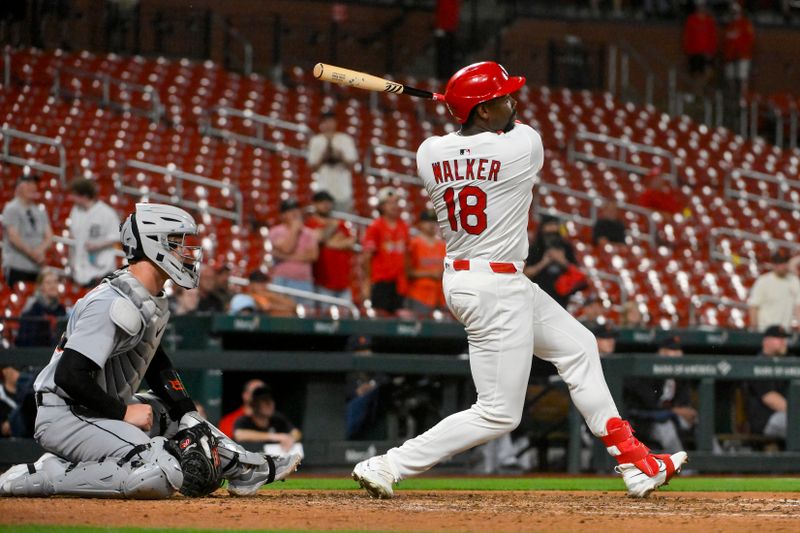 May 19, 2025; St. Louis, Missouri, USA;  St. Louis Cardinals right fielder Jordan Walker (18) hits a two run double against the Detroit Tigers during the seventh inning at Busch Stadium. Mandatory Credit: Jeff Curry-Imagn Images