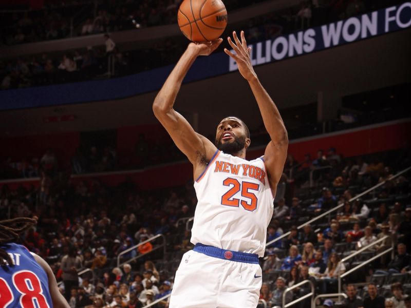 DETROIT, MI - NOVEMBER 1: Mikal Bridges #25 of the New York Knicks shoots the ball during the game against the Detroit Pistons on November 1, 2024 at Little Caesars Arena in Detroit, Michigan. NOTE TO USER: User expressly acknowledges and agrees that, by downloading and/or using this photograph, User is consenting to the terms and conditions of the Getty Images License Agreement. Mandatory Copyright Notice: Copyright 2024 NBAE (Photo by Brian Sevald/NBAE via Getty Images)