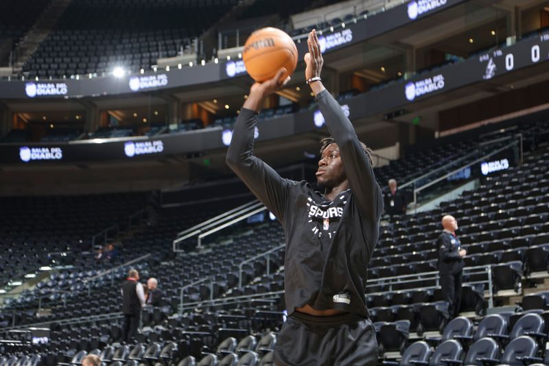 SALT LAKE CITY, UT - OCTOBER 31: Sidy Cissoko #25 of the San Antonio Spurs warms up before the game on October 31, 2024 at Delta Center in Salt Lake City, Utah. NOTE TO USER: User expressly acknowledges and agrees that, by downloading and or using this Photograph, User is consenting to the terms and conditions of the Getty Images License Agreement. Mandatory Copyright Notice: Copyright 2024 NBAE (Photo by Melissa Majchrzak/NBAE via Getty Images)