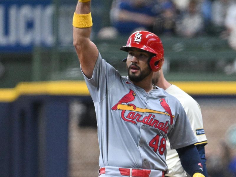 May 10, 2024; Milwaukee, Wisconsin, USA; St. Louis Cardinals catcher Iván Herrera (48) celebrates getting  a base hit against the Milwaukee Brewers in the second inning at American Family Field. Mandatory Credit: Michael McLoone-USA TODAY Sports