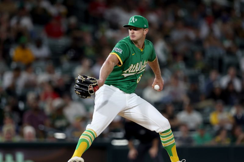 May 19, 2025; West Sacramento, California, USA; Athletics pitcher Matt Krook (62) throws a pitch against the Los Angeles Angels during the seventh inning at Sutter Health Park. Mandatory Credit: Dennis Lee-Imagn Images