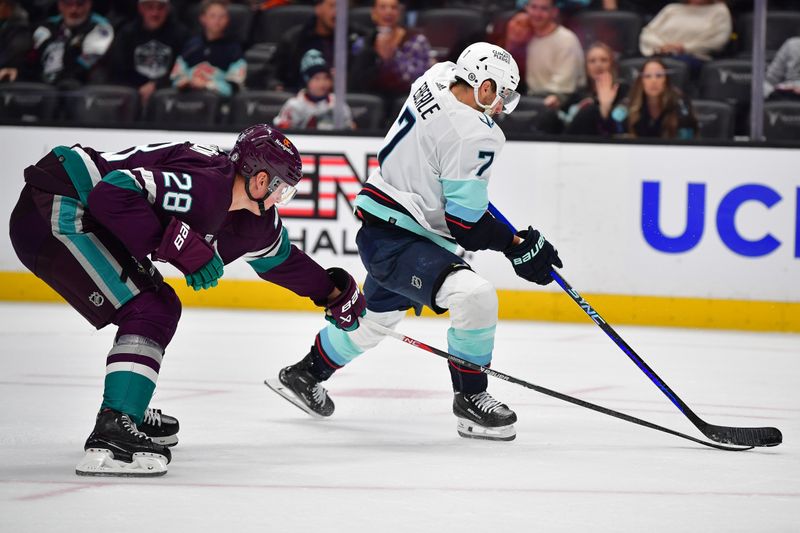 Apr 5, 2024; Anaheim, California, USA; Seattle Kraken right wing Jordan Eberle (7) moves in for a shot against Anaheim Ducks defenseman Gustav Lindstrom (28) during the third period at Honda Center. Mandatory Credit: Gary A. Vasquez-USA TODAY Sports