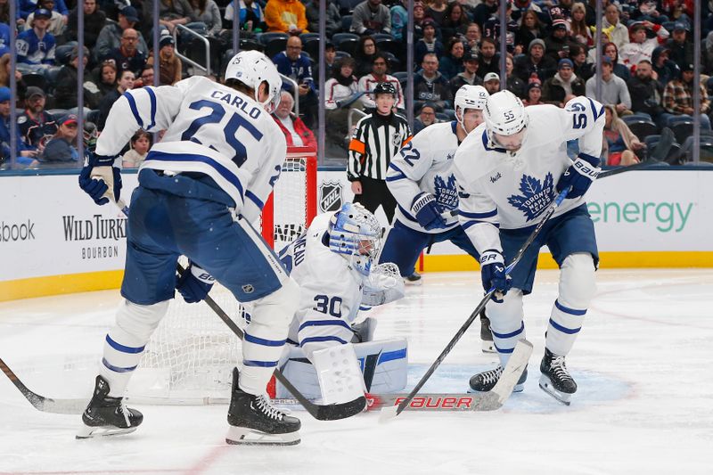 Oct 29, 2025; Columbus, Ohio, USA; Toronto Maple Leafs goalie Cayden Primeau (30) makes a save against the Columbus Blue Jackets during the second period at Nationwide Arena. Mandatory Credit: Russell LaBounty-Imagn Images