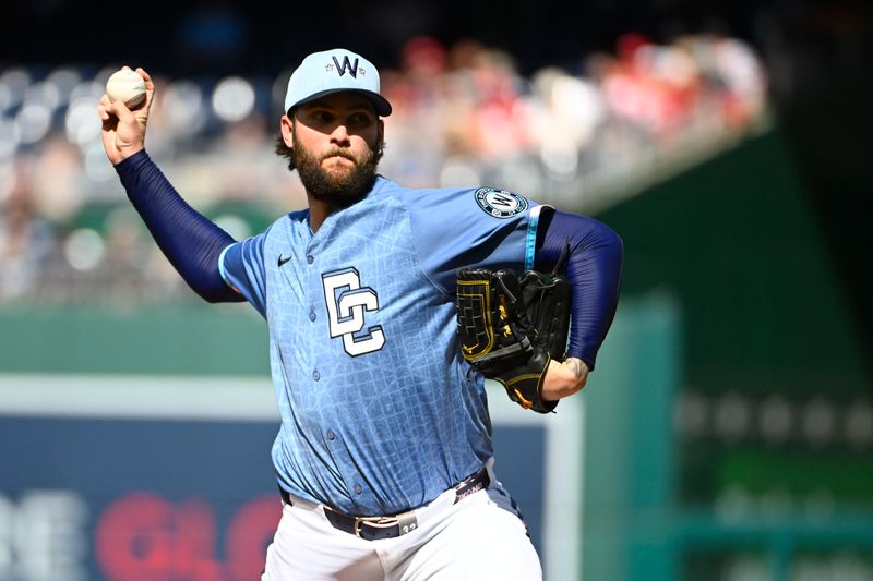 May 10, 2025; Washington, District of Columbia, USA; Washington Nationals starting pitcher Trevor Williams (32) throws to the St. Louis Cardinals during the first inning at Nationals Park. Mandatory Credit: Brad Mills-Imagn Images