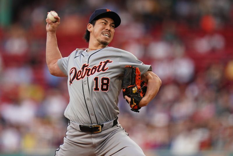 May 31, 2024; Boston, Massachusetts, USA;  Detroit Tigers starting pitcher Kenta Maeda (18) throws a pitch against the Boston Red Sox in the first inning at Fenway Park. Mandatory Credit: David Butler II-USA TODAY Sports