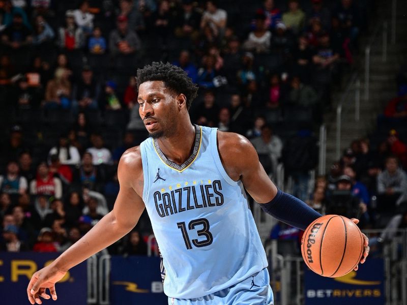 DETROIT, MI - APRIL 1: Jaren Jackson Jr. #13 of the Memphis Grizzlies dribbles the ball during the game against the Detroit Pistons on April 1, 2024 at Little Caesars Arena in Detroit, Michigan. NOTE TO USER: User expressly acknowledges and agrees that, by downloading and/or using this photograph, User is consenting to the terms and conditions of the Getty Images License Agreement. Mandatory Copyright Notice: Copyright 2024 NBAE (Photo by Chris Schwegler/NBAE via Getty Images)