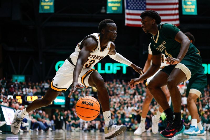 Mar 2, 2024; Fort Collins, Colorado, USA; Wyoming Cowboys guard Akuel Kot (13) controls the ball against Colorado State Rams guard Isaiah Stevens (4) in the second half at Moby Arena. Mandatory Credit: Isaiah J. Downing-USA TODAY Sports