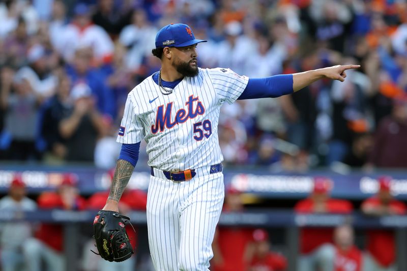 Oct 8, 2024; New York City, New York, USA; New York Mets pitcher Sean Manaea (59) reacts in the first inning against the Philadelphia Phillies during game three of the NLDS for the 2024 MLB Playoffs at Citi Field. Mandatory Credit: Brad Penner-Imagn Images