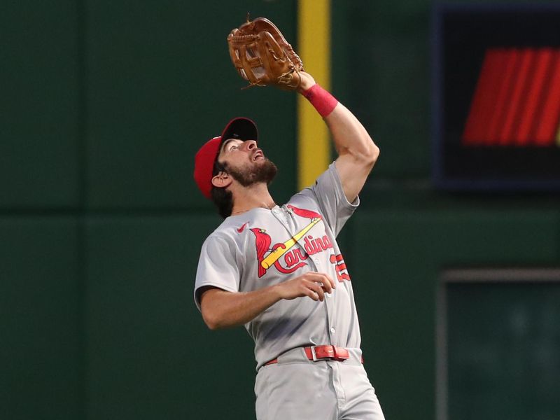 Jun 30, 2025; Pittsburgh, Pennsylvania, USA;  St. Louis Cardinals second baseman Thomas Saggese (25) makes a catch for an out against Pittsburgh Pirates left fielder Tommy Pham (not pictured) during the fourth inning at PNC Park. Mandatory Credit: Charles LeClaire-Imagn Images