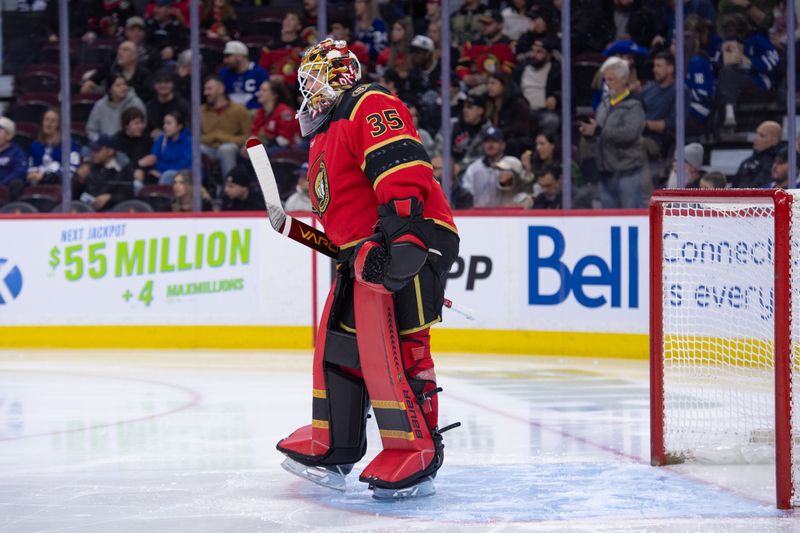 Mar 21, 2026; Ottawa, Ontario, CAN; Ottawa Senators goalie Linus Ullmark (35) stretches prior to the start of the second period against the Toronto Maple Leafs  at the Canadian Tire Centre. Mandatory Credit: Marc DesRosiers-IMAGN Images