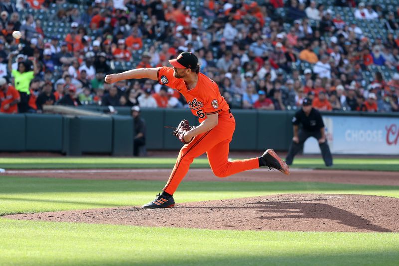 May 31, 2025; Baltimore, Maryland, USA; Baltimore Orioles pitcher Dean Kremer (64) throws during the sixth inning against the Chicago White Sox at Oriole Park at Camden Yards. Mandatory Credit: Daniel Kucin Jr.-Imagn Images