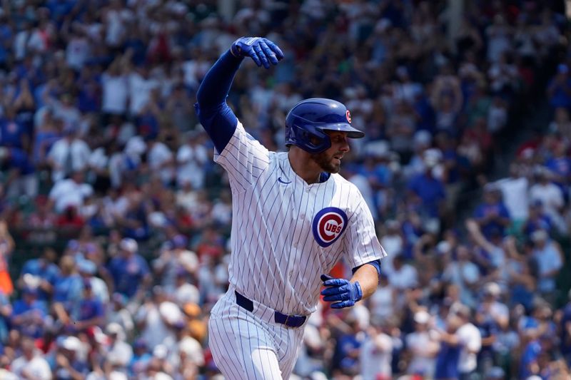 Aug 3, 2024; Chicago, Illinois, USA; Chicago Cubs first baseman Michael Busch (29) gestures after hitting a two-run home run against the St. Louis Cardinals during the first inning at Wrigley Field. Mandatory Credit: David Banks-USA TODAY Sports