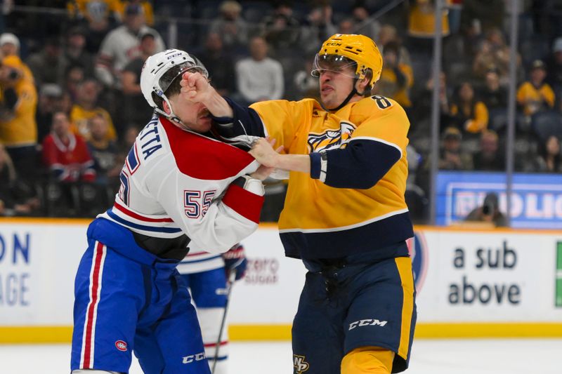 Apr 6, 2025; Nashville, Tennessee, USA; Nashville Predators defenseman Andreas Englund (8) and Montreal Canadiens left wing Michael Pezzetta (55) exchange blows during the first period at Bridgestone Arena. Mandatory Credit: Steve Roberts-Imagn Images