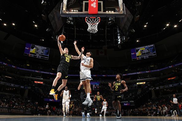 MEMPHIS, TN - NOVEMBER 29:  Luka Samanic #19 of the Utah Jazz goes to the basket during the game on November 29, 2023 at FedExForum in Memphis, Tennessee. NOTE TO USER: User expressly acknowledges and agrees that, by downloading and or using this photograph, User is consenting to the terms and conditions of the Getty Images License Agreement. Mandatory Copyright Notice: Copyright 2023 NBAE (Photo by Joe Murphy/NBAE via Getty Images)