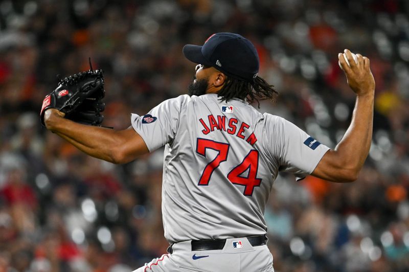 Aug 16, 2024; Baltimore, Maryland, USA; Boston Red Sox relief pitcher Kenley Jansen (74) throws a ninth inning pitch against the Baltimore Orioles  at Oriole Park at Camden Yards. Mandatory Credit: Tommy Gilligan-USA TODAY Sports