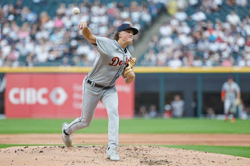 Sep 2, 2023; Chicago, Illinois, USA; Detroit Tigers starting pitcher Reese Olson (45) delivers a pitch against the Chicago White Sox during the first inning at Guaranteed Rate Field. Mandatory Credit: Kamil Krzaczynski-USA TODAY Sports