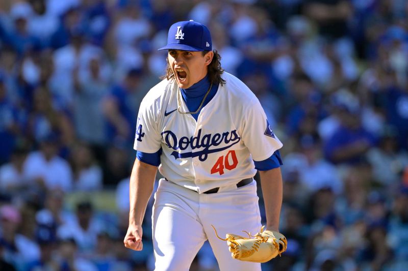 Oct 14, 2024; Los Angeles, California, USA; Los Angeles Dodgers pitcher Brent Honeywell (40) reacts in the seventh inning against the New York Mets during game two of the NLCS for the 2024 MLB Playoffs at Dodger Stadium. Mandatory Credit: Jayne Kamin-Oncea-Imagn Images