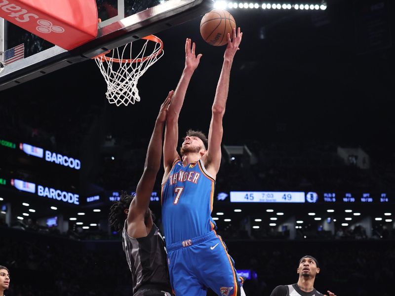 BROOKLYN, NY - FEBRUARY 26:  Chet Holmgren #7 of the Oklahoma City Thunder drives to the basket during the game against the Brooklyn Nets  on February 26, 2025 at Barclays Center in Brooklyn, New York. NOTE TO USER: User expressly acknowledges and agrees that, by downloading and or using this Photograph, user is consenting to the terms and conditions of the Getty Images License Agreement. Mandatory Copyright Notice: Copyright 2025 NBAE (Photo by Brandon Todd/NBAE via Getty Images)