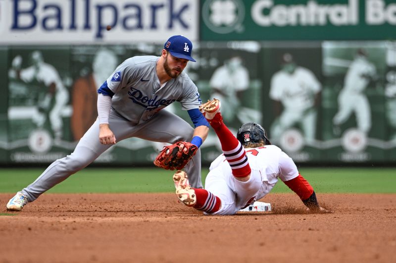 Aug 18, 2024; St. Louis, Missouri, USA; St. Louis Cardinals second baseman Brendan Donovan (33) is tagged out stealing second base by Los Angeles Dodgers second baseman Gavin Lux (9) in the second inning at Busch Stadium. Mandatory Credit: Joe Puetz-USA TODAY Sports