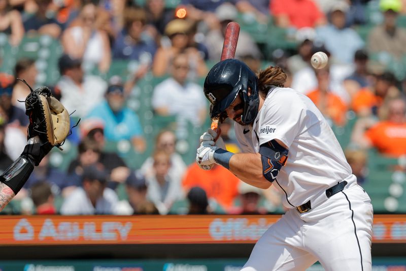 Jul 28, 2024; Detroit, Michigan, USA;  Detroit Tigers right fielder Ryan Vilade (50) reacts to an inside pitch in the fifth inning against the Minnesota Twins at Comerica Park. Mandatory Credit: Rick Osentoski-USA TODAY Sports