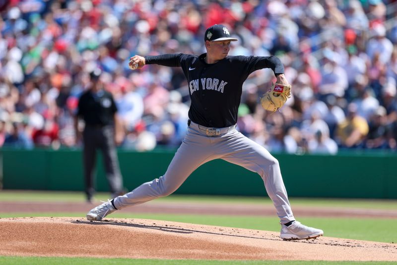 Mar 1, 2026; Clearwater, Florida, USA; New York Yankees starting pitcher Will Warren (98) throws a pitch against the Philadelphia Phillies in the first inning during spring training at BayCare Ballpark. Mandatory Credit: Nathan Ray Seebeck-Imagn Images