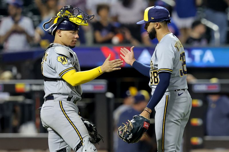 Jun 28, 2023; New York City, New York, USA; Milwaukee Brewers relief pitcher Devin Williams (38) and catcher William Contreras (24) celebrate after defeating the New York Mets at Citi Field. Mandatory Credit: Brad Penner-USA TODAY Sports