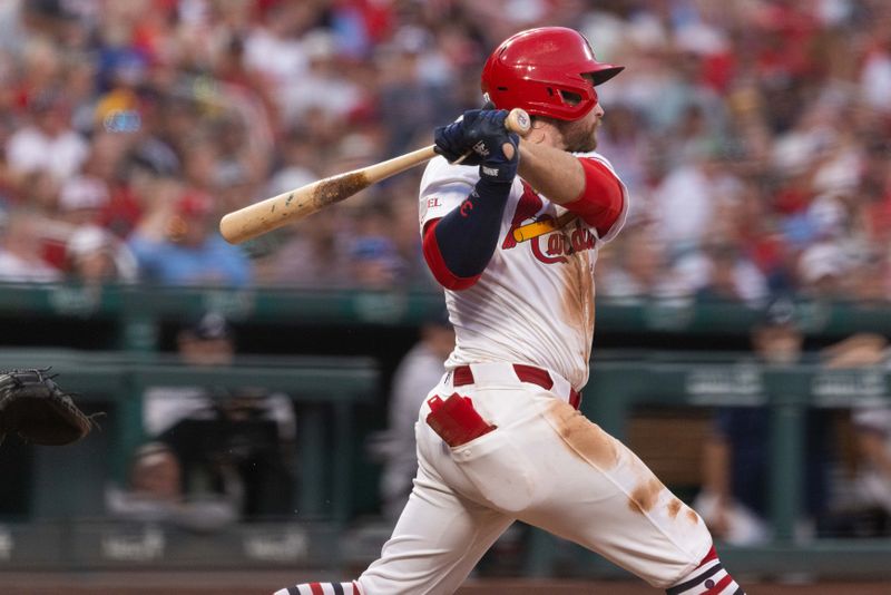 Jun 26, 2024; St. Louis, Missouri, USA; St. Louis Cardinals outfielder Brendan Donovan (33) hits against the Atlanta Braves in the eighth inning at Busch Stadium. Mandatory Credit: Zach Dalin-USA TODAY Sports