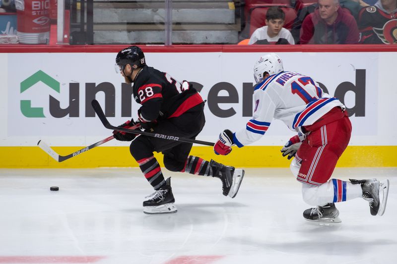 Jan 27, 2024; Ottawa, Ontario, CAN; Ottawa Senators right wing Claude Giroux (28) skates with the puck in front of New York Rangers right wing Blake Wheeler (17) in the third period at the Canadian Tire Centre. Mandatory Credit: Marc DesRosiers-USA TODAY Sports