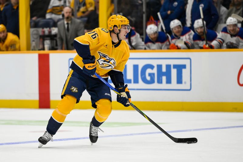 Oct 17, 2024; Nashville, Tennessee, USA;  Nashville Predators defenseman Brady Skjei (76) skates against the Edmonton Oilers during the first period at Bridgestone Arena. Mandatory Credit: Steve Roberts-Imagn Images