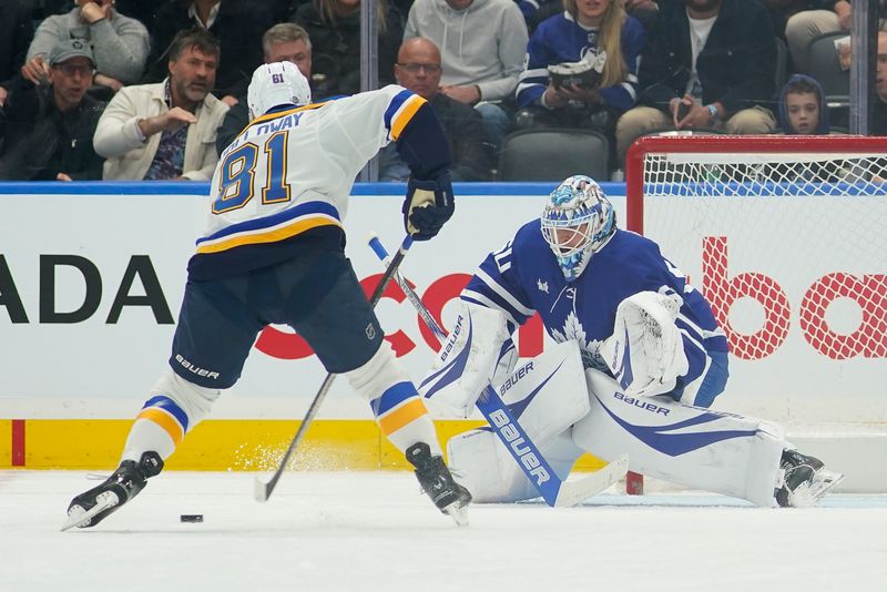 Oct 24, 2024; Toronto, Ontario, CAN; St. Louis Blues forward Dylan Holloway (81) scores against Toronto Maple Leafs goaltender Joseph Woll (60) during the first period at Scotiabank Arena. Mandatory Credit: John E. Sokolowski-Imagn Images