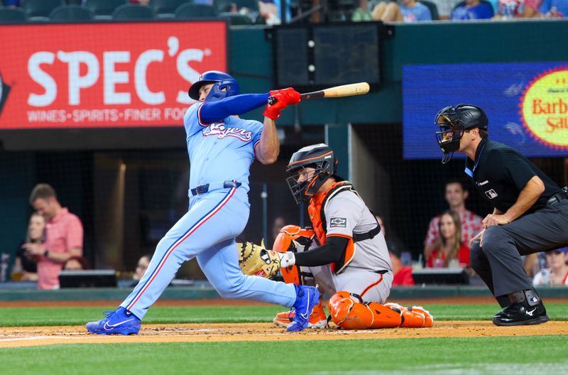 Jun 9, 2024; Arlington, Texas, USA; Texas Rangers designated hitter Wyatt Langford (36) his a two-run double during the first inning against the San Francisco Giants at Globe Life Field. Mandatory Credit: Kevin Jairaj-USA TODAY Sports