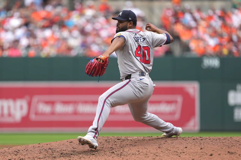 Jun 13, 2024; Baltimore, Maryland, USA; Atlanta Braves pitcher Reynaldo Lopez (40) delivers in the fourth inning against the Baltimore Orioles at Oriole Park at Camden Yards. Mandatory Credit: Mitch Stringer-USA TODAY Sports