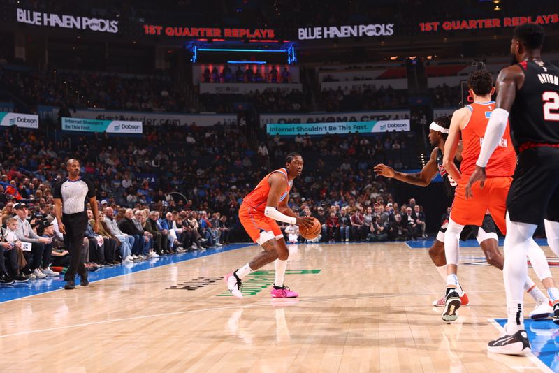 OKLAHOMA CITY, OK - JANUARY 23: Jalen Williams #8 of the Oklahoma City Thunder handles the ball during the game against the Portland Trail Blazers on January 23, 2024 at Paycom Arena in Oklahoma City, Oklahoma. NOTE TO USER: User expressly acknowledges and agrees that, by downloading and or using this photograph, User is consenting to the terms and conditions of the Getty Images License Agreement. Mandatory Copyright Notice: Copyright 2024 NBAE (Photo by Zach Beeker/NBAE via Getty Images)