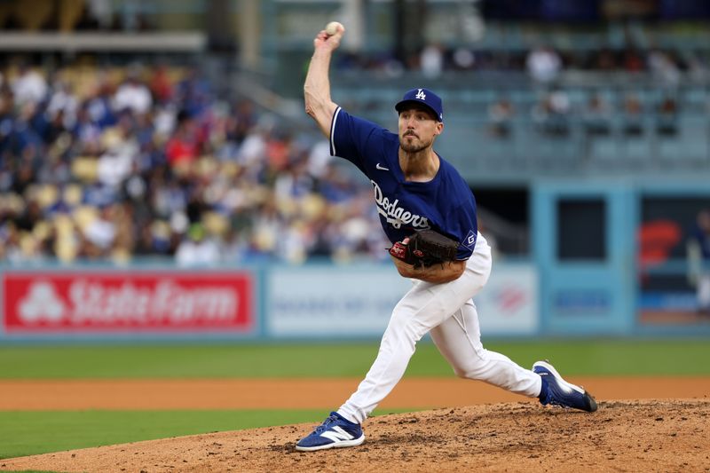 Mar 24, 2024; Los Angeles, California, USA;  Los Angeles Dodgers starting pitcher Michael Grove (78) pitches during the fifth inning against the Los Angeles Angels at Dodger Stadium. Mandatory Credit: Kiyoshi Mio-USA TODAY Sports