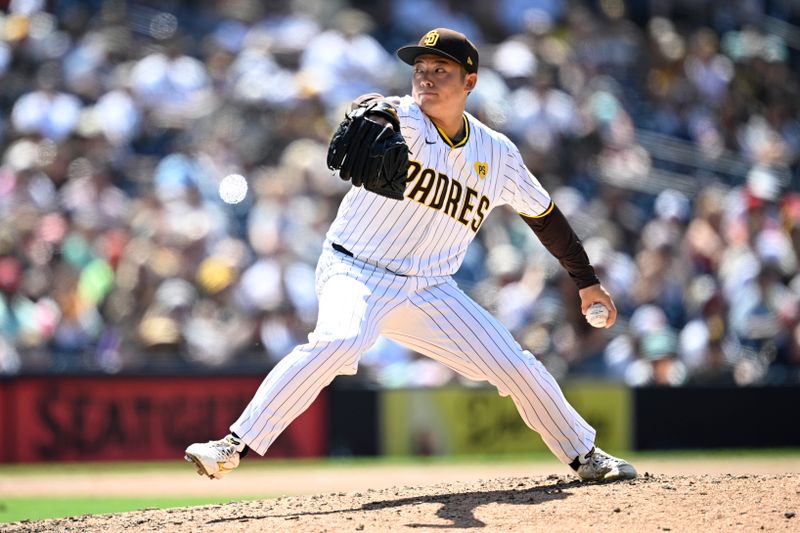 Jun 26, 2024; San Diego, California, USA; San Diego Padres relief pitcher Yuki Matsui (1) pitches against the Washington Nationals during the eighth inning at Petco Park. Mandatory Credit: Orlando Ramirez-USA TODAY Sports