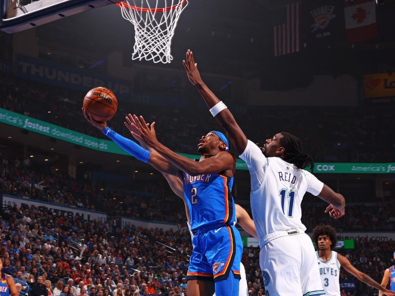 OKLAHOMA CITY, OK - JANUARY 29: Shai Gilgeous-Alexander #2 of the Oklahoma City Thunder drives to the basket during the game against the Minnesota Timberwolves on January 29, 2024 at Paycom Arena in Oklahoma City, Oklahoma. NOTE TO USER: User expressly acknowledges and agrees that, by downloading and or using this photograph, User is consenting to the terms and conditions of the Getty Images License Agreement. Mandatory Copyright Notice: Copyright 2024 NBAE (Photo by Zach Beeker/NBAE via Getty Images)