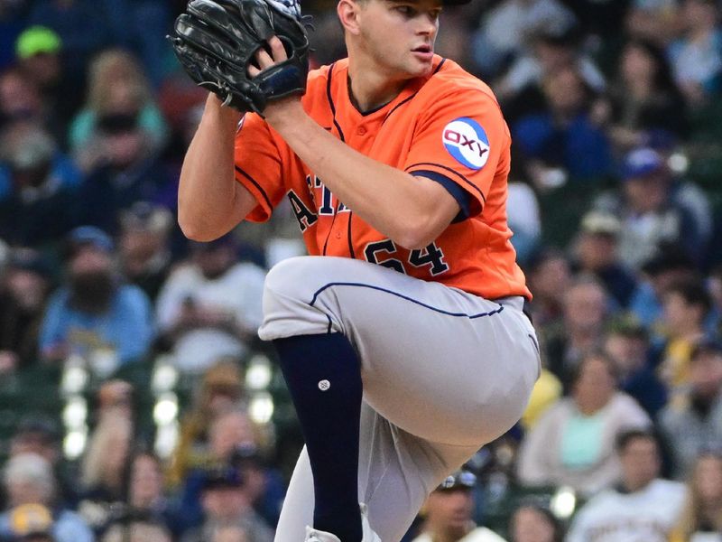 May 24, 2023; Milwaukee, Wisconsin, USA; Houston Astros pitcher Brandon Bielak (64) pitches against the Milwaukee Brewers in the first inning at American Family Field. Mandatory Credit: Benny Sieu-USA TODAY Sports