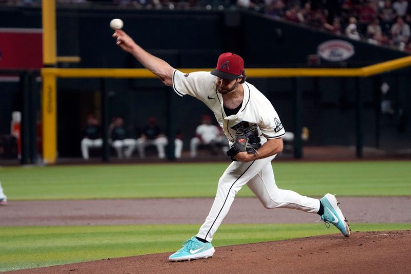 May 24, 2024; Phoenix, Arizona, USA; Arizona Diamondbacks pitcher Zac Gallen (23) throws against the Miami Marlins in the first inning at Chase Field. Mandatory Credit: Rick Scuteri-USA TODAY Sports