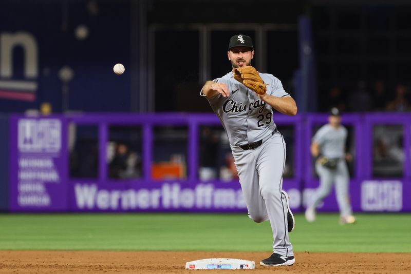 Jul 5, 2024; Miami, Florida, USA; Chicago White Sox shortstop Paul DeJong (29) throws to first base to retire Miami Marlins shortstop Xavier Edwards (not pictured) during the fifth inning at loanDepot Park. Mandatory Credit: Sam Navarro-USA TODAY Sports