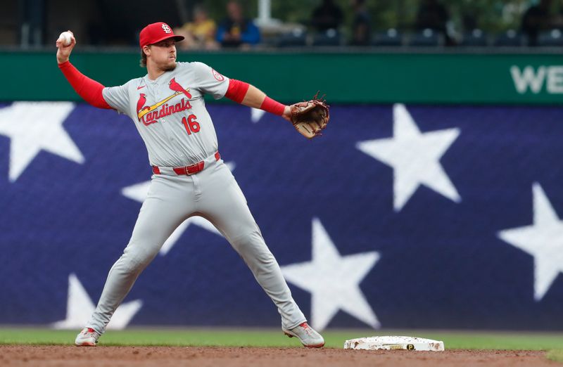 Jul 22, 2024; Pittsburgh, Pennsylvania, USA;  St. Louis Cardinals second baseman Nolan Gorman (16) warms up before the third inning against the Pittsburgh Pirates at PNC Park. Mandatory Credit: Charles LeClaire-USA TODAY Sports