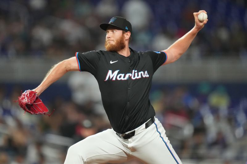 Jun 7, 2024; Miami, Florida, USA;  Miami Marlins pitcher A.J. Puk (35) pitches against the Cleveland Guardians in the seventh inning at loanDepot Park. Mandatory Credit: Jim Rassol-USA TODAY Sports