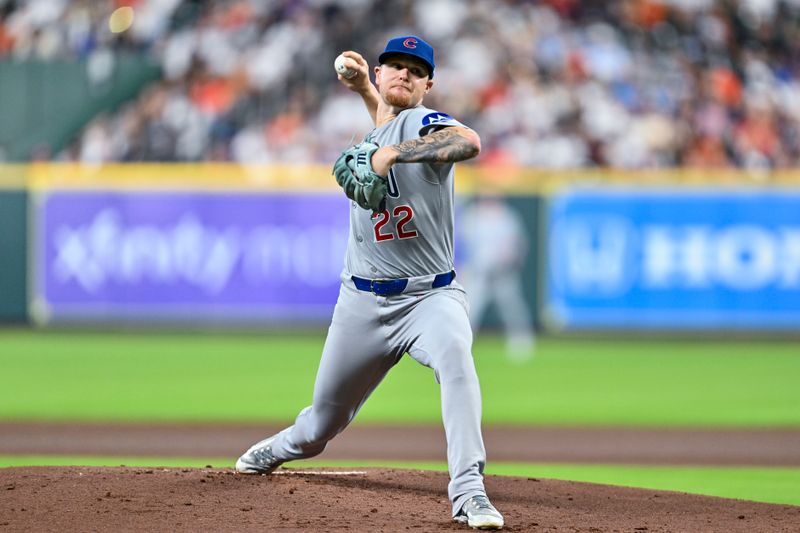 Jun 27, 2025; Houston, Texas, USA; Chicago Cubs pitcher Cade Horton (22) delivers a pitch in the first inning against the Houston Astros at Daikin Park. Mandatory Credit: Maria Lysaker-Imagn Images 