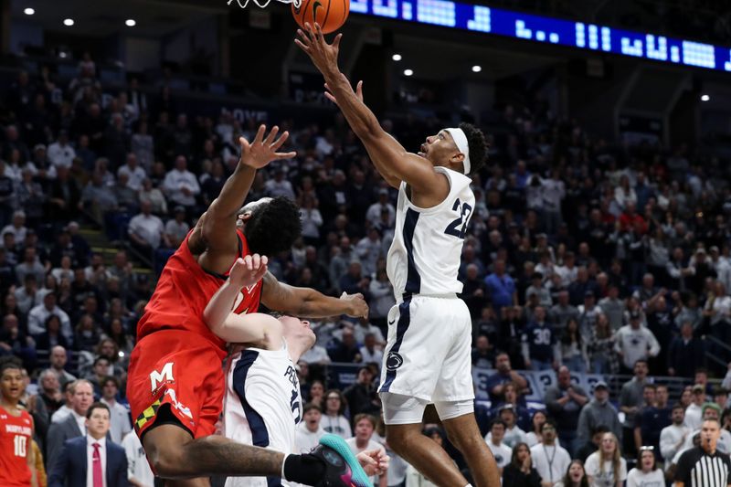 Mar 5, 2023; University Park, Pennsylvania, USA; Penn State Nittany Lions guard Jalen Pickett (22) reaches for a rebound during the second half against the Maryland Terrapins at Bryce Jordan Center. Mandatory Credit: Matthew OHaren-USA TODAY Sports