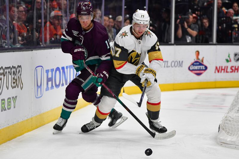 Dec 27, 2023; Anaheim, California, USA; Anaheim Ducks center Trevor Zegras (11) plays for the puck against Vegas Golden Knights defenseman Ben Hutton (17) during the first period at Honda Center. Mandatory Credit: Gary A. Vasquez-USA TODAY Sports