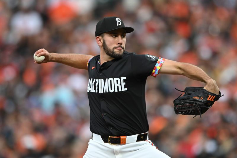 Jul 26, 2024; Baltimore, Maryland, USA;  Baltimore Orioles pitcher Grayson Rodriguez (30) throws  a second inning pitch against the San Diego Padres at Oriole Park at Camden Yards. Mandatory Credit: Tommy Gilligan-USA TODAY Sports