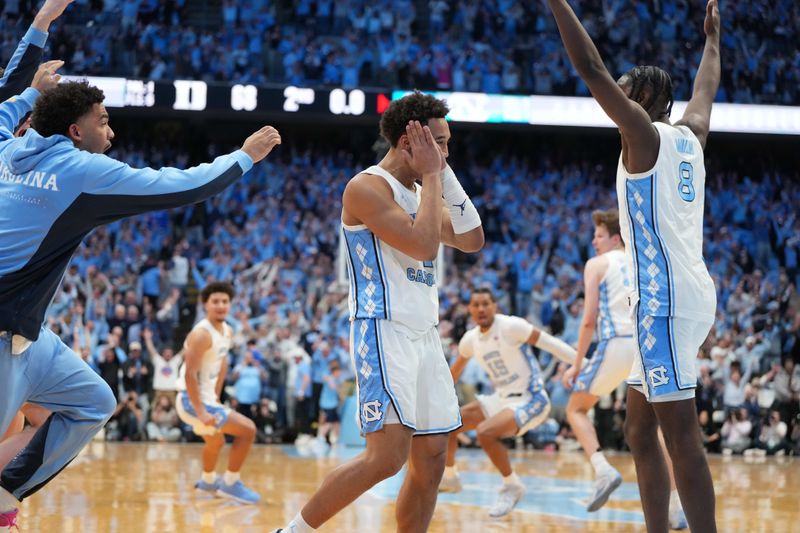 Feb 7, 2026; Chapel Hill, North Carolina, USA; North Carolina Tar Heels guard Seth Trimble (7) and teammates react after hitting the game winning shot in the second  half at Dean E. Smith Center. Mandatory Credit: Bob Donnan-Imagn Images