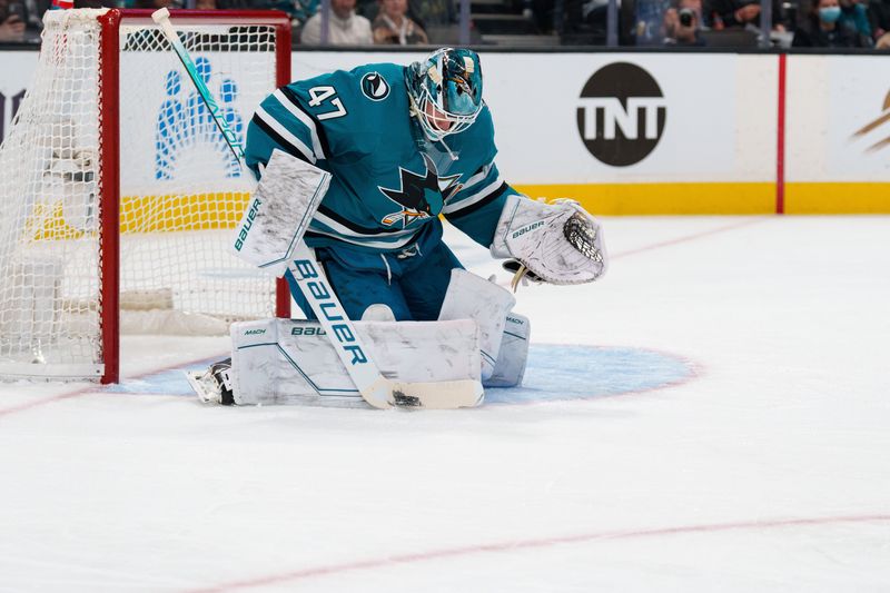 Jan 18, 2023; San Jose, California, USA; San Jose Sharks goaltender James Reimer (47) makes a save during the first period against the Dallas Stars at SAP Center at San Jose. Mandatory Credit: Neville E. Guard-USA TODAY Sports