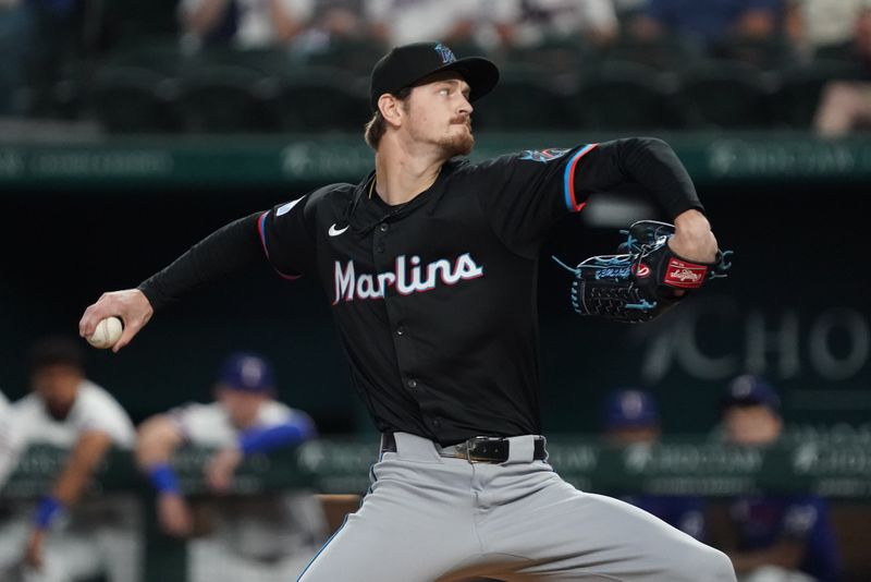 Sep 20, 2025; Arlington, Texas, USA; Miami Marlins pitcher Adam Mazur (60)  throws to the plate during the first inning against the Texas Rangers at Globe Life Field. Mandatory Credit: Raymond Carlin III-Imagn Images