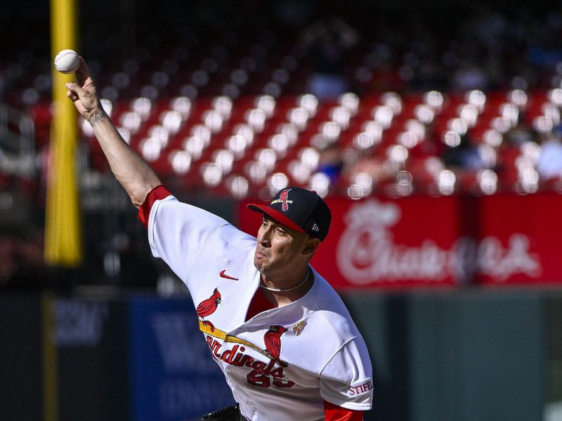 Sep 3, 2023; St. Louis, Missouri, USA;  St. Louis Cardinals relief pitcher Giovanny Gallegos (65) pitches against the Pittsburgh Pirates during the ninth inning at Busch Stadium. Mandatory Credit: Jeff Curry-USA TODAY Sports